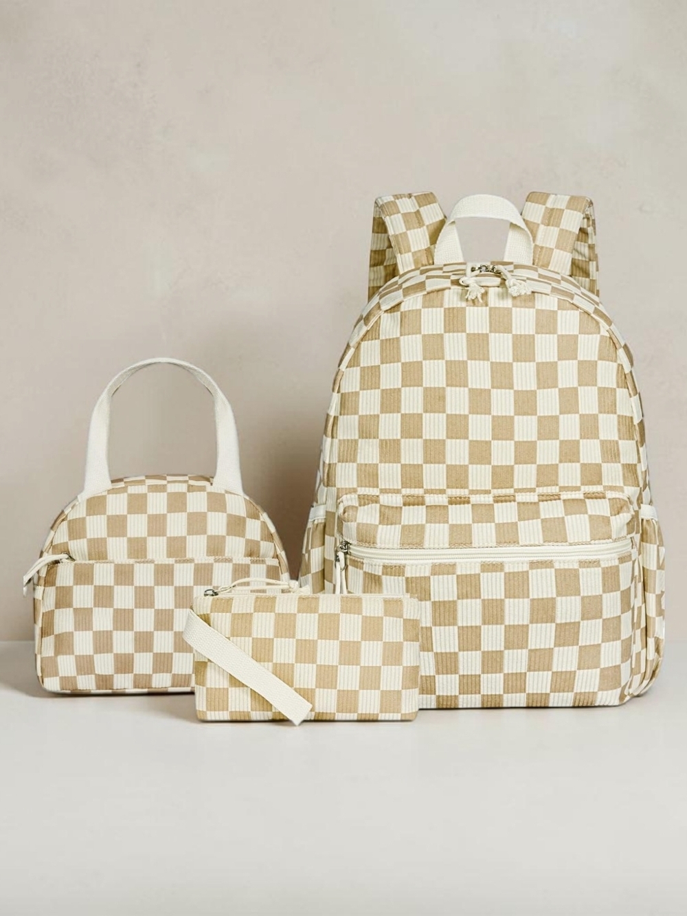 Beige and White Checkered 3pc Backpack Set. (Backpack, Lunchbag, Pencil Case)